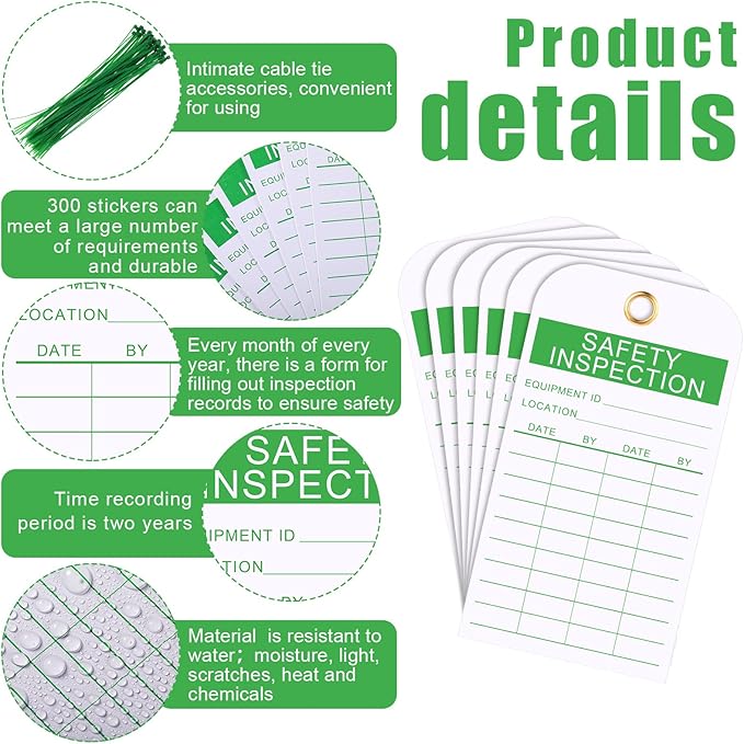 Chunful 50 Pack Safety Inspection Tag Accident Prevention Tag Fire Extinguisher Tags with Zip Ties Multi Purpose Cable Ties for Indoor Outdoor Fire Extinguisher Scaffold Ladder (Green)