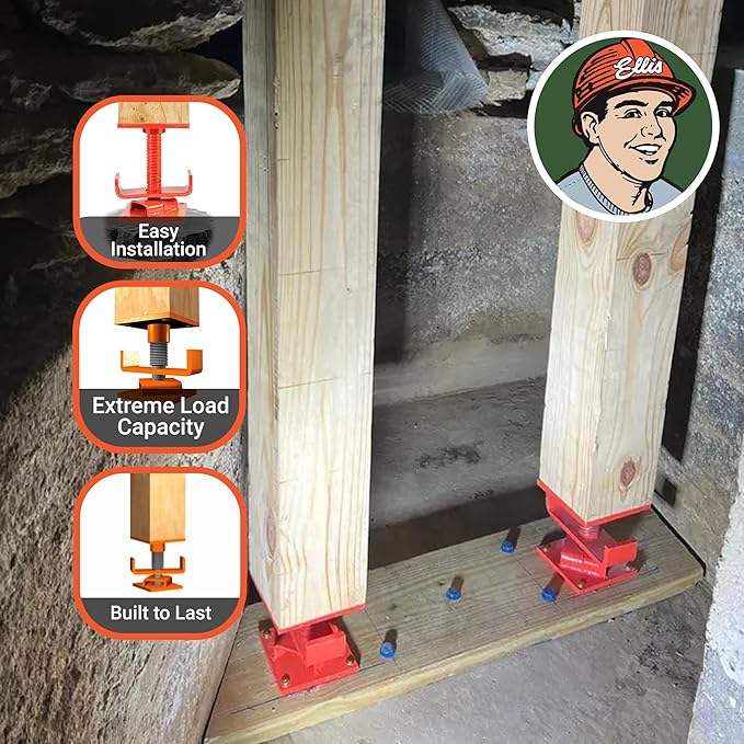 Ellis Manufacturing Timber Jack – Adjustable Post for House Leveling, Basement Support, Joist Lift, Crawl Space Shoring, Screw Support Beam, 5" Range, 15,000 lbs Capacity