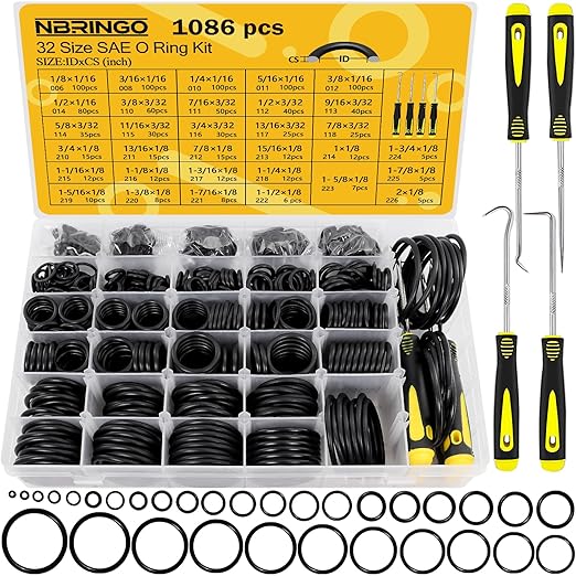 1086 SAE PCS O-Rings Assortment Kit with 4 Pick & Hook Tools - 32 Sizes Buna-N O Ring Set Compliant with AS568 Standards,Ensure Leak-Proof Seals for Hydraulic, Plumbing & Automotive Repairs