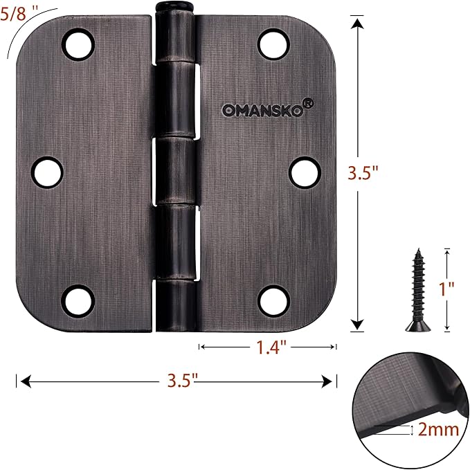12 Pack Door Hinges, 3.5 x 3.5 Inch Oil Rubbed Bronze Hinges for Wood 5/8'' Radius Corners 3 1/2 Inch Interior Door Hinges for Residential Doors