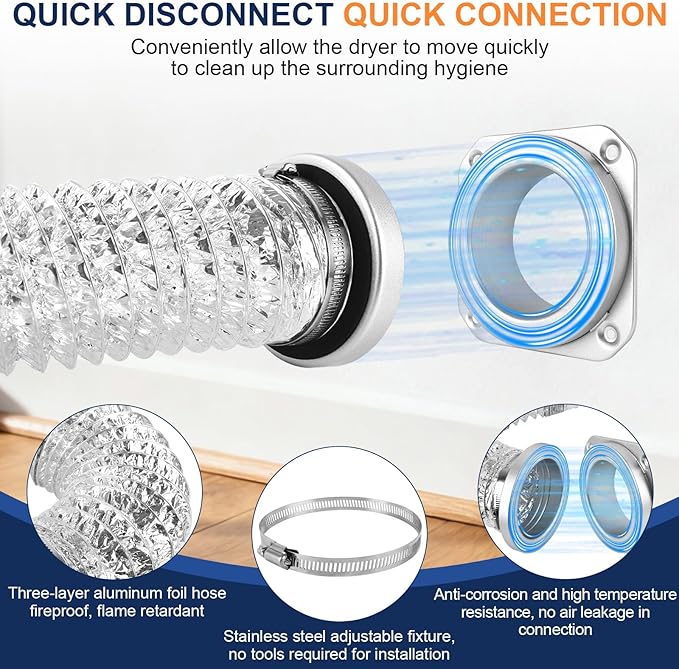 Magnetic Dryer Vent Coupling Kit, Quick Connect Aluminium Alloy DV180 Wall Adapter Self-Alignment Design Dryer Vent Connector Airtight Seal Dryer Vent Hose Including 3.3Ft 4" Foil Duct & 2 Clamps