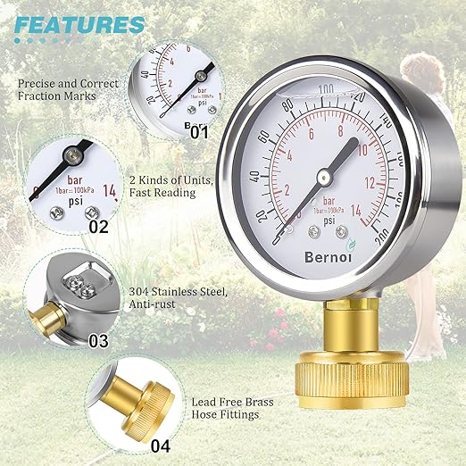 Water Pressure Gauge Kit, Glycerin Filled Test with Lead-Free Brass Hose Fittings, 3/4'' Female Coupler Plus 5 Adapters to in Multiple Systems, 2-2/3'' dial, 0-200 Psi