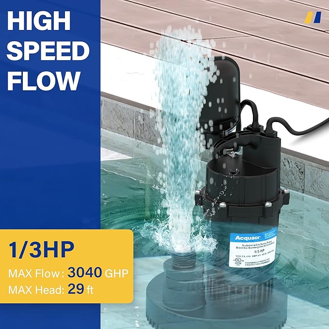 Acquaer 1/3 HP Sump Pump, 3040 GPH Submersible Clean/Dirty Water Pump with Automatic Float Switch and 10ft Power Cord Sub Pump for Basement, Pool, Pond, Drain, Flooded Cellar, Aquarium and Irrigation