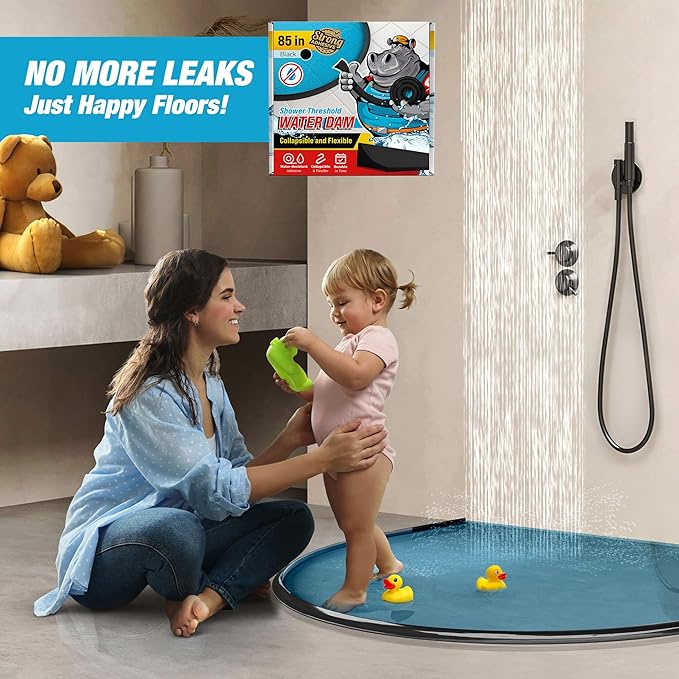 Shower Threshold Water Dam Barrier 85" - Black Collapsible Shower Water Blocker - Guard for Walk in Shower - Water Guard Stopper for Floor - Shower Door Water Blocker by Hippo Dam