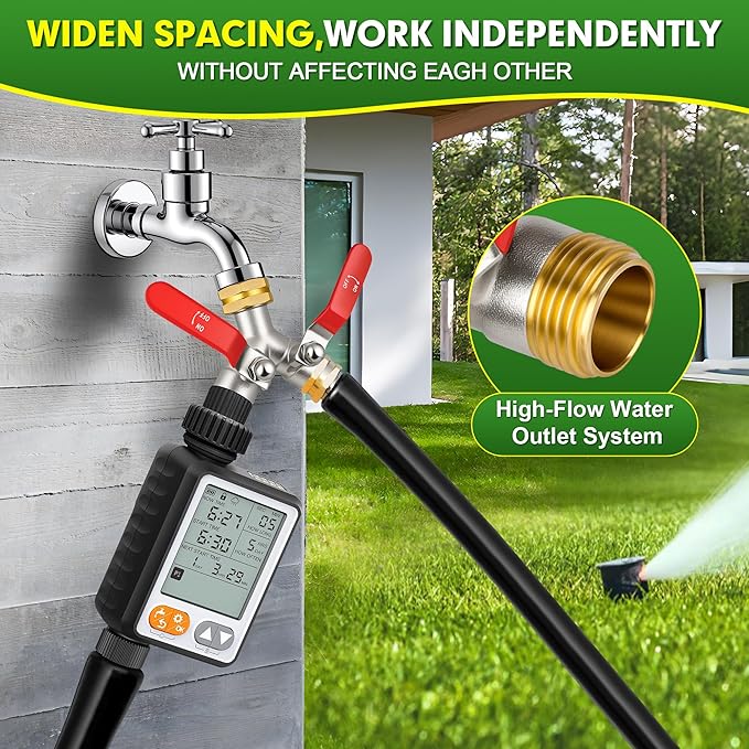 Hose Splitter 2 Way, High Flow Garden Hose Splitter, 3/4” Ght Inlet Brass Heavy Duty Hose Converter, water 2 Way Faucet hose splitter, Long Handle Hose Valve Large Outlet.
