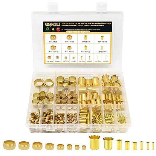 Siptenk 320PCS Brass Compression Sleeves Ferrules Inserts Fittings Assortment Kit for Tube OD 3/4" 5/8" 1/2" 3/8" 5/16" 1/4" 3/16" 1/8", 8 Sizes Air Brake Fittings for Air Water Fuel Oil