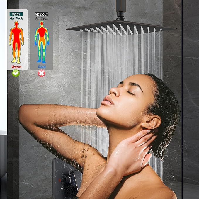 Heyalan Shower Faucet Set Square Stainless Steel Bathroom Rainfall Shower System One Handle Single Function Shower Trim Kit with Rough-in Valve Male Thread,Ceiling Mount,12 Inch,Oil Rubbed Bronze