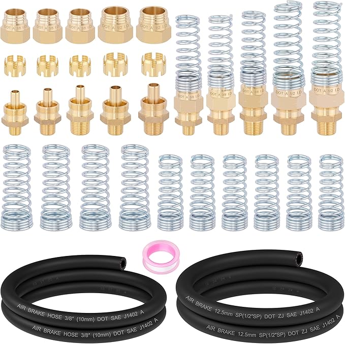 30PCS 3/8” & 1/2” DOT Air Hose Male Connector Fittings and Sleeve Tubes with Spring Guards, 50 Inch 1/4" & 3/8" Rubber Air Hose for Air Brake Systems or Trucks Trailers