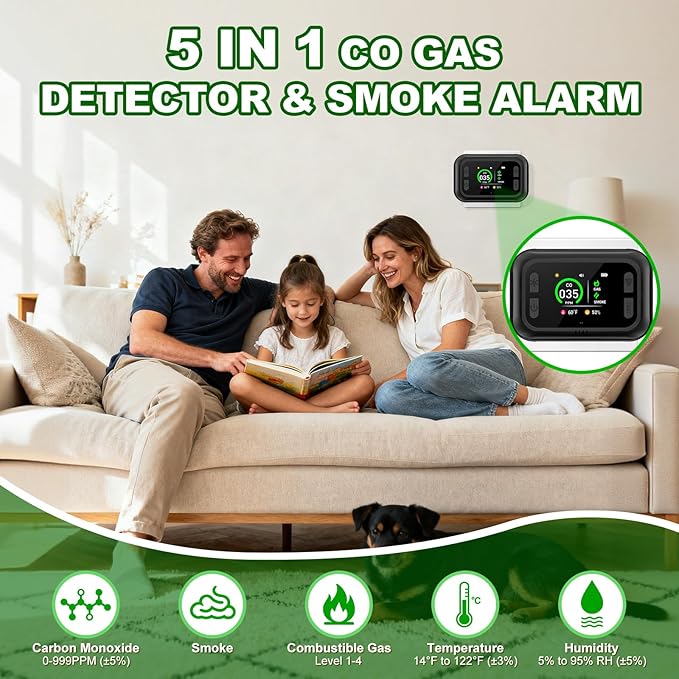 Carbon Monoxide Detector Plug in Wall, 5 in 1 Natural Gas Detector & Smoke Alarm with HD Digital Screen, Portable Smoke Detector for Travel, CO Propane Gas Detector for Home Hotel Camping RV (Black)
