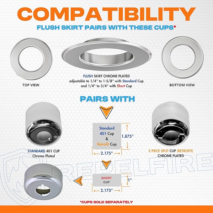 Fire Sprinkler Escutcheon Skirt, FLUSH Escutcheon Pendant Skirt Chrome Plated, Works with Standard 401 Style Cup, Short Cup, and Retrofit 2 Piece Cup, Fire Sprinkler Skirt