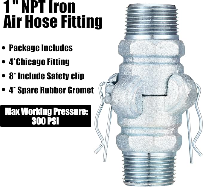 Therwen 4 Sets 1 inch Chicago Air Fittings NPT Iron Air Hose Fitting 2 Lug Universal Coupling for Female and Male End(Male End)