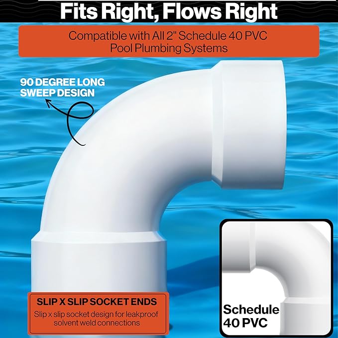 Swimables 2 Inch PVC Sweep 90 - Long Elbow Connector, Schedule 40 5 PVC Sweep 90 Degree Elbow, High-Flow Pipe Elbows Fitting, Compatible with Spa Plumbing & Waterway Installations (5 Packs)