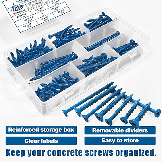 220Pcs Concrete Screws with Drill Bit and Driver bit, 3/16" 1/4" Flat Head Concrete Cement Screws Assortment Kit for Anchoring to Masonry, Block or Brick Stucco, Length 1-1/4" to 3-1/4"