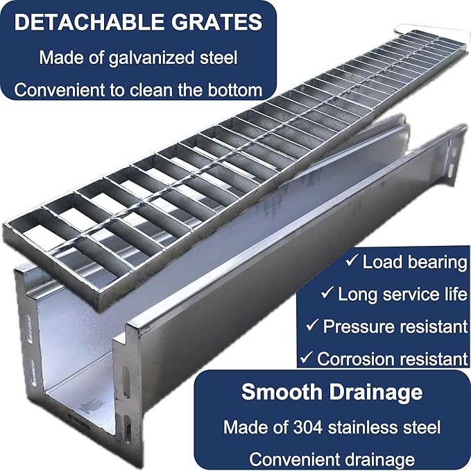 304 Stainless Steel Channel Drain with Galvanized Steel Grate 39.4x5.9x5.5 in, B-Class 28100 lbs Heavy-Duty Drain Kit for 3" Pipe, Trench Drainage System for Outdoor, Driveway, Garage 2pcs