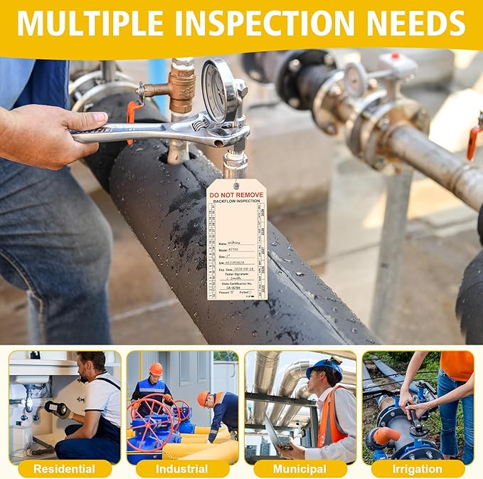 100 PCS Waterproof Backflow Inspection Tags 2.6 x 5.2 Inch Heavy Duty 18 Mil Writable Plastic Tags with Iron Wire & Pen Double-Sided Printing Pre-Punched Holes Maintenance Record for Backflow (Beige)