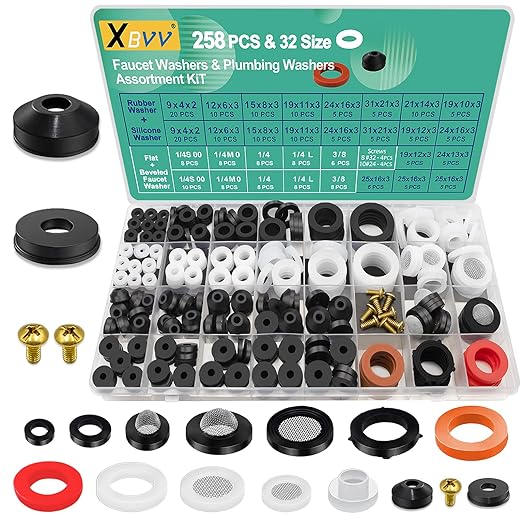 32 Size 258 Pcs Faucet and Plumbing Rubber Washers Assortment Kit for Assorted Garden Hose Valve Spigot Adapter Splitter Outdoor Faucet Bibb Shower Hose Gasket Repair