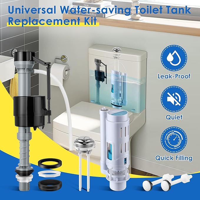Saillong 1 Pack 2 Inch Universal Toilet Tank Replacement Kit, Include Dual Flush Valve with Push Button, Toilet Fill Valve, Bowl Gasket and Plastic Bolts, Tank Parts Replacement for 2-Piece