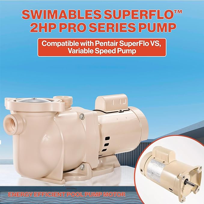 Swimables 340040 2 HP SuperFlo Pool Pump - Replacement for Pentair SuperFlo 2HP and VS Pumps – Inground Variable Speed 2 HP Pool Pump - High Flow, Quiet Motor - 7,860 GPH Compatible, 1.5"/2" Ports