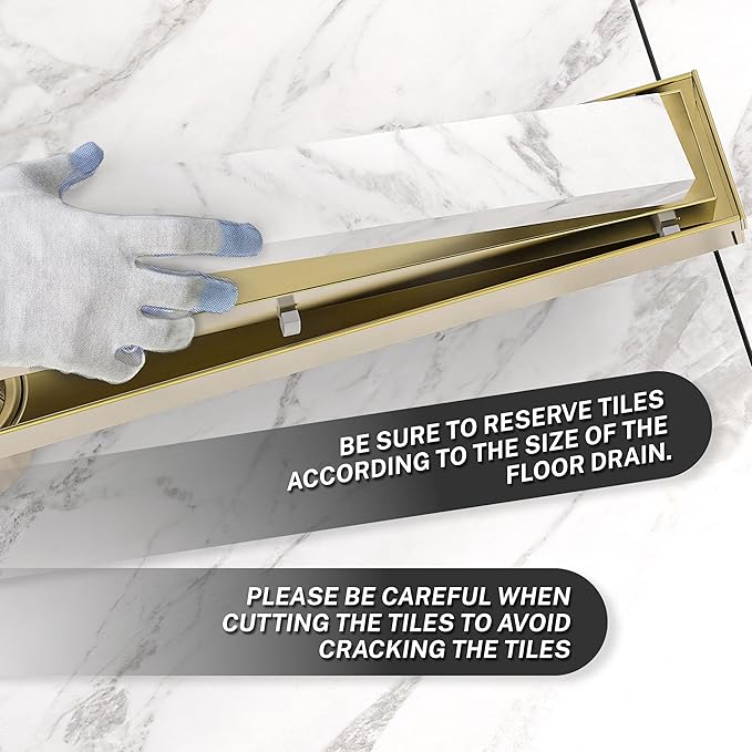 Linear Shower Drain. 24 Inch Shower Trench Drain with 2-in-1 Flat Cover & Inser Cover,304 Stainless Rectangle Steel Shower Floor Drain with Hair Strainer and Leveling Feet(Gold, 24 in)