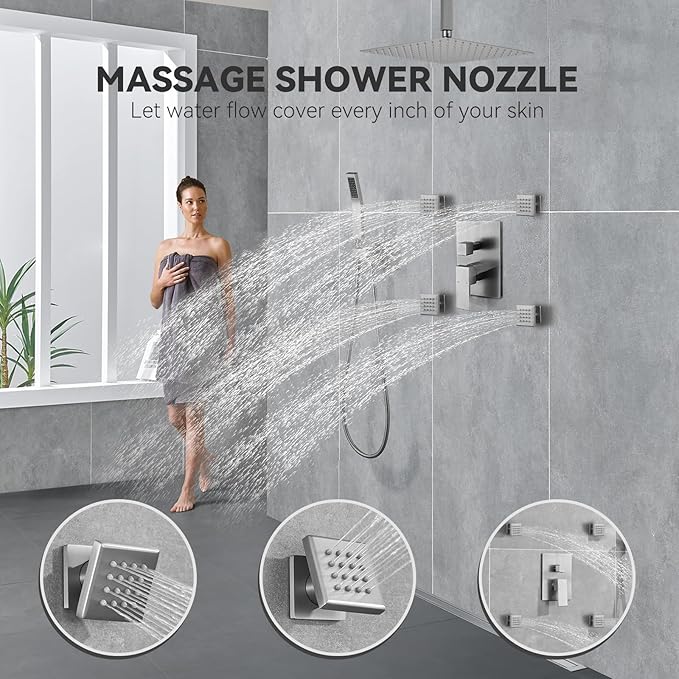 Rain Shower System With Complete 4 Pcs Body Sprays Jets And Pressured Balance Rough-in Valve,12Inch Rainfall Shower Head And Handheld Modern Brushed Nickel Ceiling Mount Shower Faucet Sets