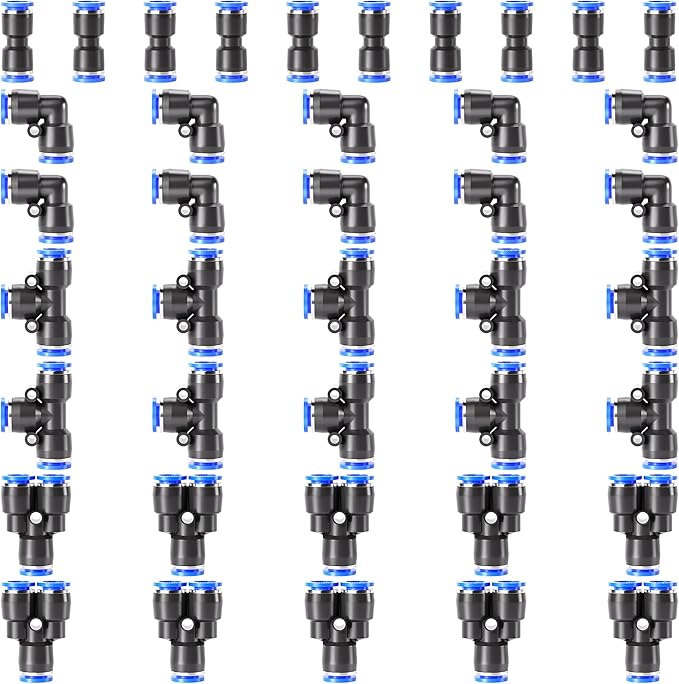 TAILONZ PNEUMATIC 1/8 Inch od Push to Connect Fittings Pneumatic Fittings Kit 10 Spliters+10 Elbows+10 tee+10 Straight (40 pcs)