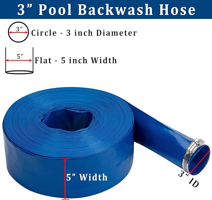 3 in x 25 ft Pool Backwash Hose Heavy Duty Drain Discharge Double PVC Lay flat General Purpose Vinyl Hose, Burst Resistant for Water Transfer Sump Pump Pool Filter (3in 25ft fiber reinforced hose)