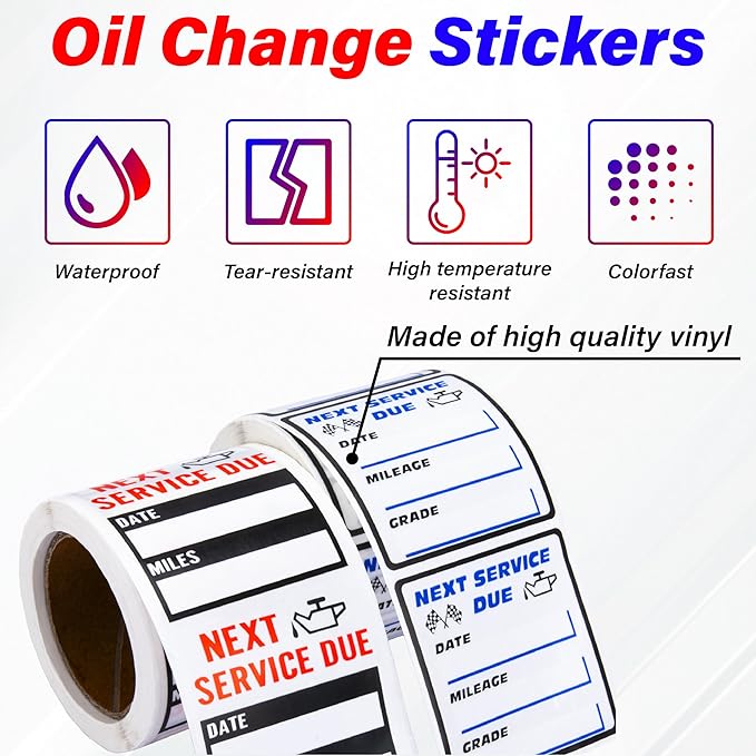 450 PCS Oil Change Stickers for Windshield, 2 Rolls Custom Oil Change Sticker, 2 X 2 Inches Next Service Due Sticker Labels, Removable Vinyl Stickers for Cars Windows Windshield