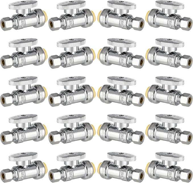 HeSun 20-PCs Push-Fit Straight Stop Valve, 1/2" Push x 1/4" OD Compression Straight Stop, 1/4 Turn Water Shut Off Valve for Bathroom with Disconnect Clip Tool
