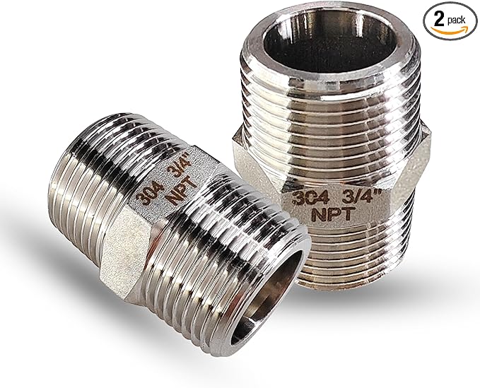 3/4" Male to Male NPT Hex Nipple Pipe Fittings, 304 Stainless Steel 3/4 inch MNPT Threaded Pipe Adapter Equal Straight Nipples Connector Fitting, 2pcs