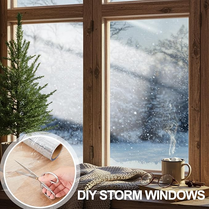 Clear PVC Soft Glass Window Panel 36''x394'' Flexible Plastic Roll Film Cuttable Temporary Storm Window Replacement for Porch Car Sealing Drafts Moisture Blocking Cold Protection Winterizing