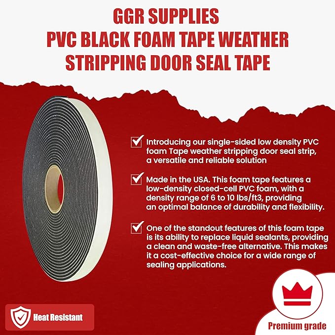 GGR Supplies PVC Black Foam Tape Weather Stripping Door Seal Self Adhesive, Soundproofing, Insulation, Weatherstrip, Pipe Cooling - Ideal for Doors, Windows, and AC Seal. (W:1/2In xT: 3/8In: 30ft.)