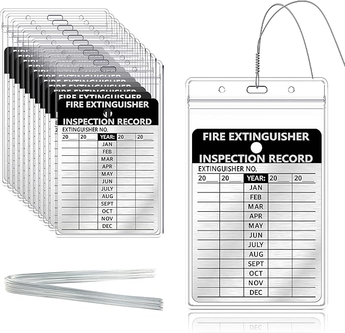 50 Pcs Fire Extinguisher Inspection Tag Waterproof Plastic Cover 2.67 x 4.53 Inch Service Record Tags Durable Aluminum Metal Tags Tamper Seal with Iron Wire Resealable for Indoor and Outdoor (50)