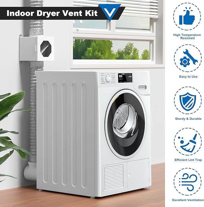 Dryer Lint Trap, Indoor Dryer Vent Kit, Metal Lint Catcher Box with 4" Dryer Vent Hose Duct Clamps Aluminum Foil Tape Cleaning Brush 2 Metal Filter Screens Set