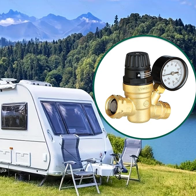 RV Water Pressure Regulator for RV Camper. Brass Lead-Free Adjustable Camper Water Pressure Regulator with 0-160 PSI Gauge ，Reducer Valve W Filter，Package includes 1 raw tape for water pipes.