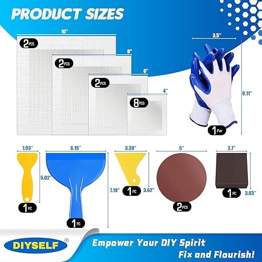 DIYSELF 21 PCS Drywall Repair Kit, 4/6/8/10 Inch Wall Patch Repair Kit with Metal Patches, Dry Wall Patch Kits for Bathroom, Nail Holes, Outlets, Wall Repair Patch-Only Refill Pack (No Spackle)
