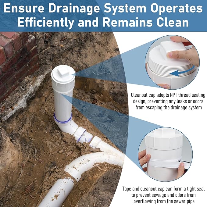 4“ PVC Sewer Cleanout Adapter with Plug - Efficient Drainage Solution for Piping Systems, PVC DWV Flush Sewer Cleanout Cap for Drainage Piping System