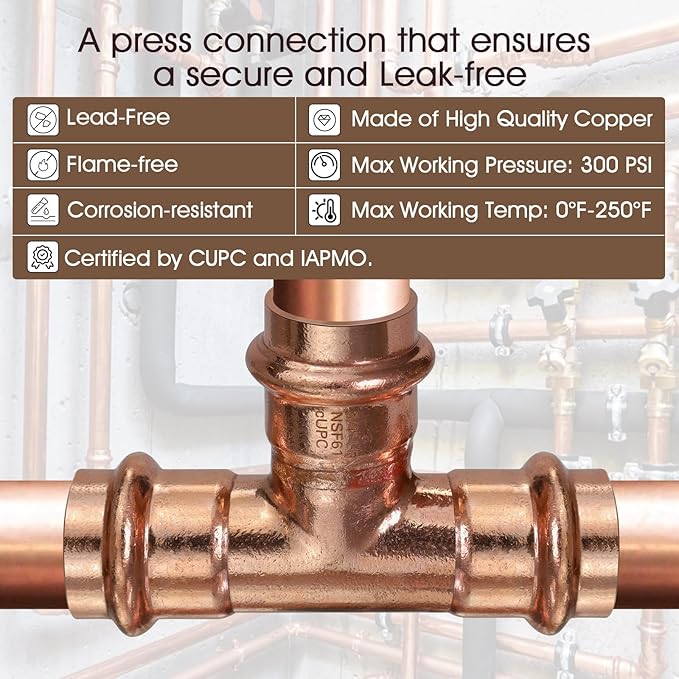 Copper Press Fittings Tee 3/4" Copper Press Tee Fitting, Zero Lead 3/4" x 3/4" x 3/4" Coppers Press Fit Equal Tees for Coppers Tube Connection,OD 7/8”,Use with Hydraulic Press Fitting Tool,6PCS