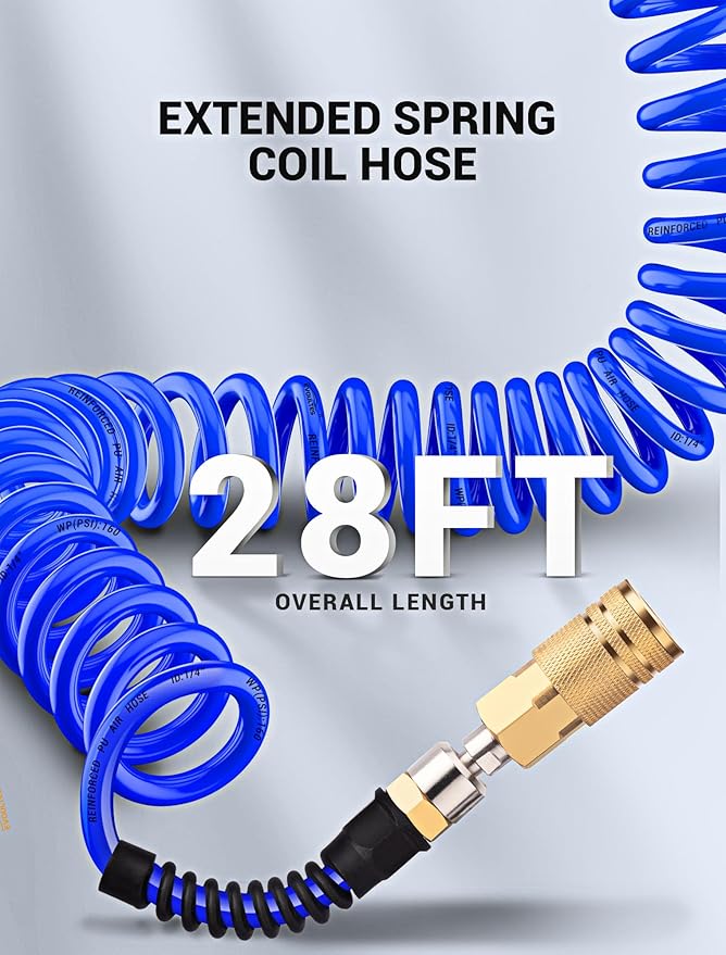 1/4 In x 28 Ft Polyurethane Recoil Air Compressor Hose, Upgraded Air Hose with Repairable Bend Restrictor, Air Hose kit w/ 360° Swivel 1/4" NPT Coupler & Brass Quick Connect Air Fittings