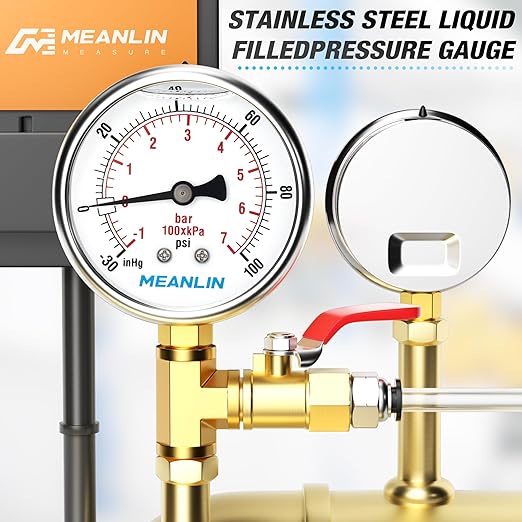 MEANLIN MEASURE -30inHG~100Psi Stainless Steel 1/4" NPT 2.5" FACE DIAL Vacuum Pressure Gauge, Lower Mount, with 1/4" x 1/2" NPT and 1/4" x 3/8" NPT Hex Bushing
