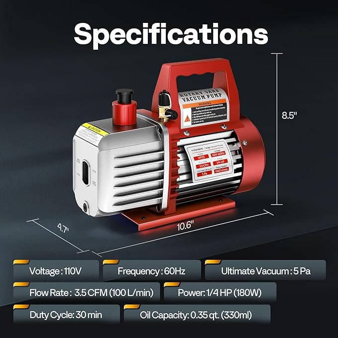 VIVOHOME 110V 1/4 HP 3.5 CFM Single Stage Rotary Vane Air Vacuum Pump with Oil Bottle, Red