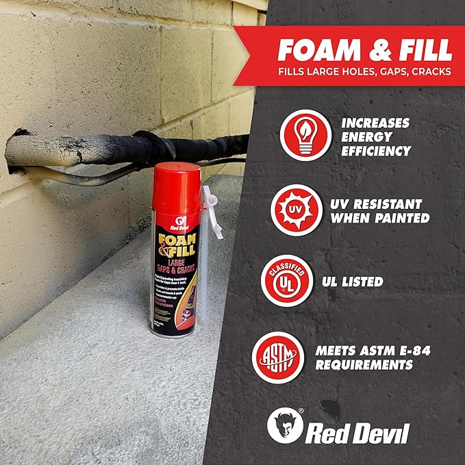 Red Devil 090806 Spray Foam, Fill Large Gaps & Cracks, Expanding Insulation, Polyurethane Foam Sealant, 8 oz, Off White