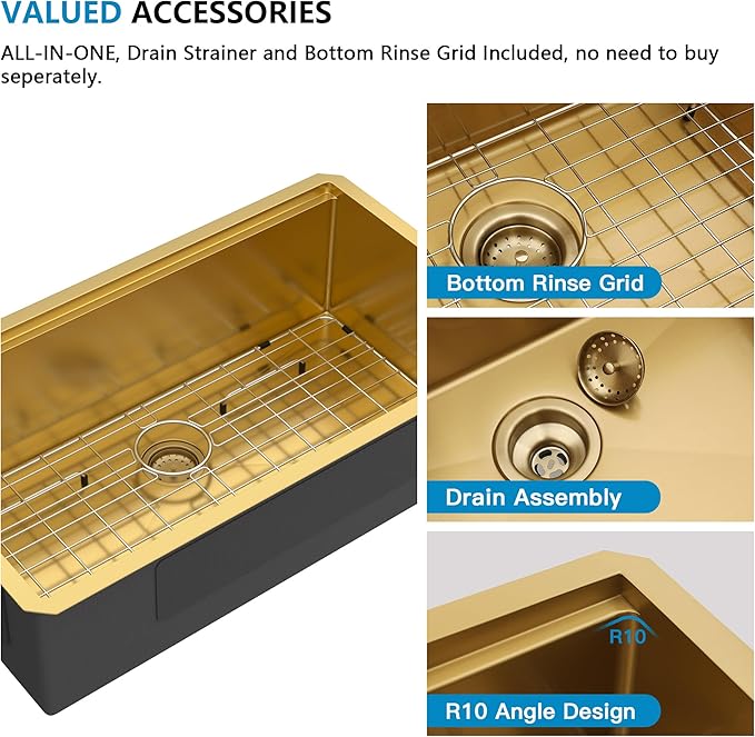 33 Undermount Kitchen Sink Gold - Fulorni 33"x19" Kitchen Sink Brushed Gold NANO-PVD Ledge Workstation 16 Gauge 304 Stainless Steel Under Counter Single Bowl Basin