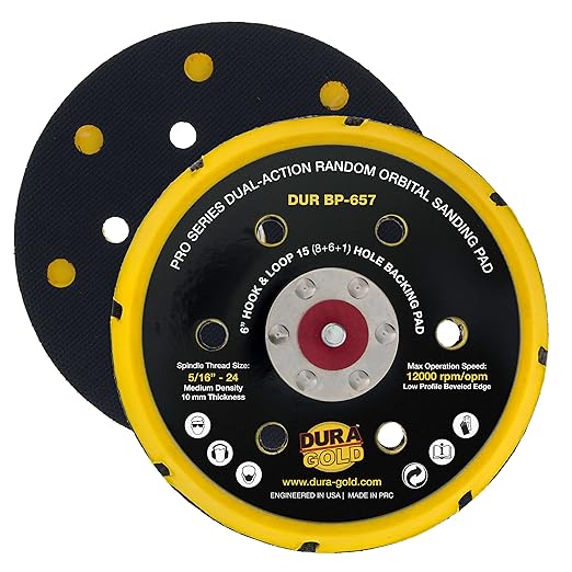 Dura-Gold Pro Series 6" Hook & Loop DA Backing Plate Pad, 15 (8 + 6 + 1) Hole Pattern Dustless - Low Profile Vented Edge, Dual-Action Random Orbital Sanding Pad, Sander Polisher Auto Woodworking
