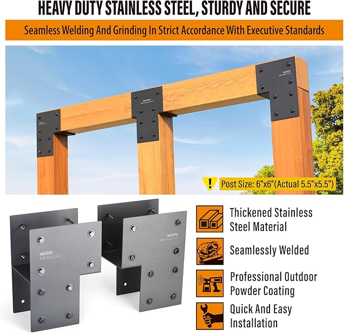 4 Pack Heavy Duty 6x6 (Actual 5.5"x5.5") Stainless Steel End Post Caps Tie Bracket , Fit Connecting Wood Gazebo, Deck Patio Post and Wood Beams Bracket (Dark Ggray)