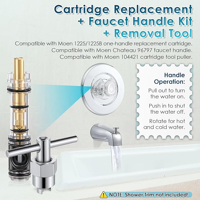 Cartridge Replacement with Removal Tool & Faucet Handle, Compatible with Moen 1225/1225B & 96797 & 104421, Compatible with Moen Chateau Series and/Moentrol Single Handle Tub and Shower Valve