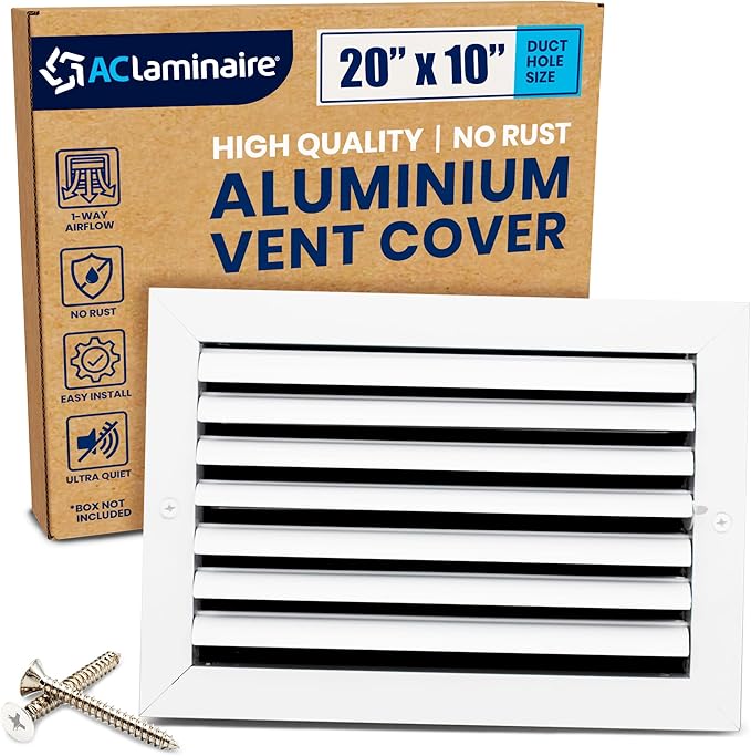 20x10 Inch (Duct Opening) Aluminum 1-Way Air Flow Vent – HVAC Vent Cover for Wall or Ceiling – Quiet HVAC Wall Register with Multi-Shutter Damper – Adjustable Curved Blade - Plastic Seal for Tight Fit