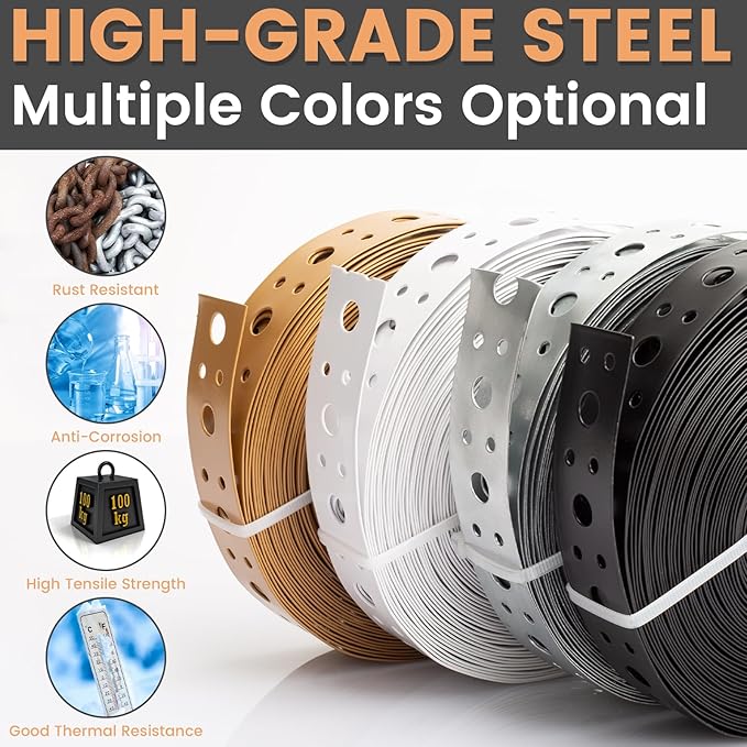 Metal Strap 1-Inch x 50FT 0.6mm Thickness Metal Strapping with Holes Galvanized Pipe Hanger Strap DIY Cutting and Installation for Pipe Support (Black)