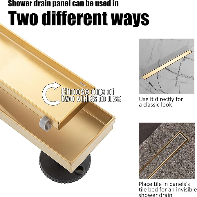 32 inch Linear Shower Drain with Removable Square Hole Panel by Using Brushed 304 Stainless Steel Process, Linear Drain Equipped with Adjustable Feet and Hair Strainer(Brushed Gold Color)