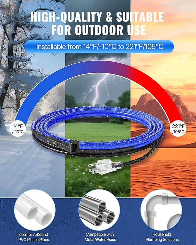 3 FT Water Pipe Heating Cable, 5W Constant Power Self-Regulating Heating Cable, 5W/FT, IPX7 Waterproof, Auto-On/Off, for Metal and Plastic Water Pipes, Freeze Protection, 120V, U03HC06