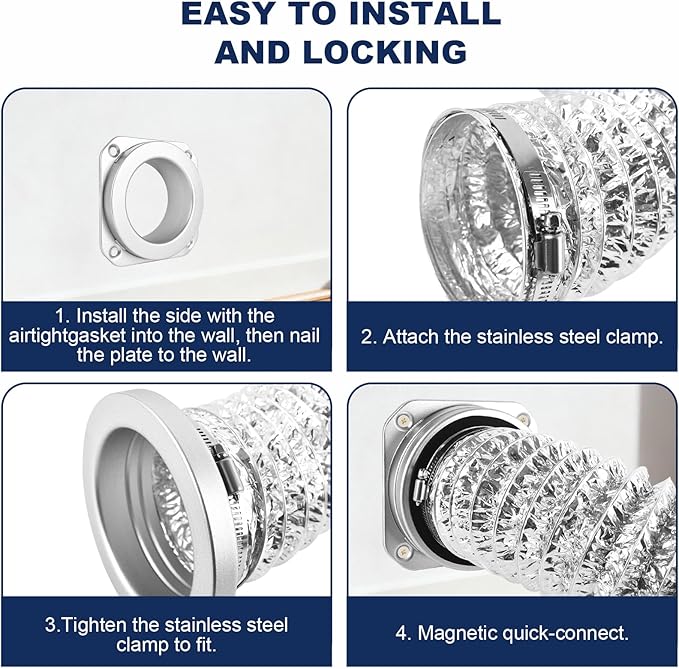 Magnetic Dryer Vent Coupling Kit, Quick Connect Aluminium Alloy DV180 Wall Adapter Self-Alignment Design Dryer Vent Connector Airtight Seal Dryer Vent Hose Including 3.3Ft 4" Foil Duct & 2 Clamps